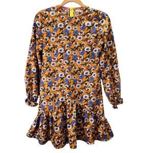 Pon Pon Dress 6/7 Girl Mustard Yellow Blue Floral Daisy Print Peplum Drop Waist